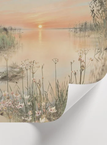 Çiçekli sazlık ve gün batımı yansımalı sanat posteri