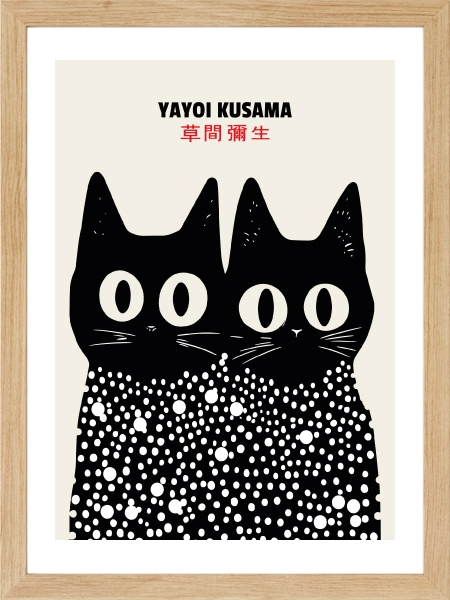 Minimal puantiye desenli modern kedi figürlü duvar tablosu sanat baskı