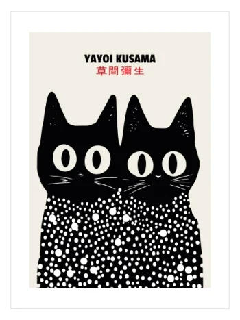 Yayoi Kusama stilinde puantiyeli siyah beyaz kedi çerçeveli ve çerçevesiz poster tablo