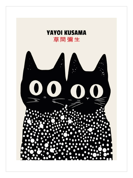 Yayoi Kusama stilinde puantiyeli siyah beyaz kedi çerçeveli ve çerçevesiz poster tablo