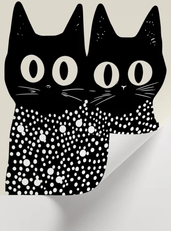 Siyah beyaz grafik tasarımlı puantiyeli kedi çerçeveli poster dekoru