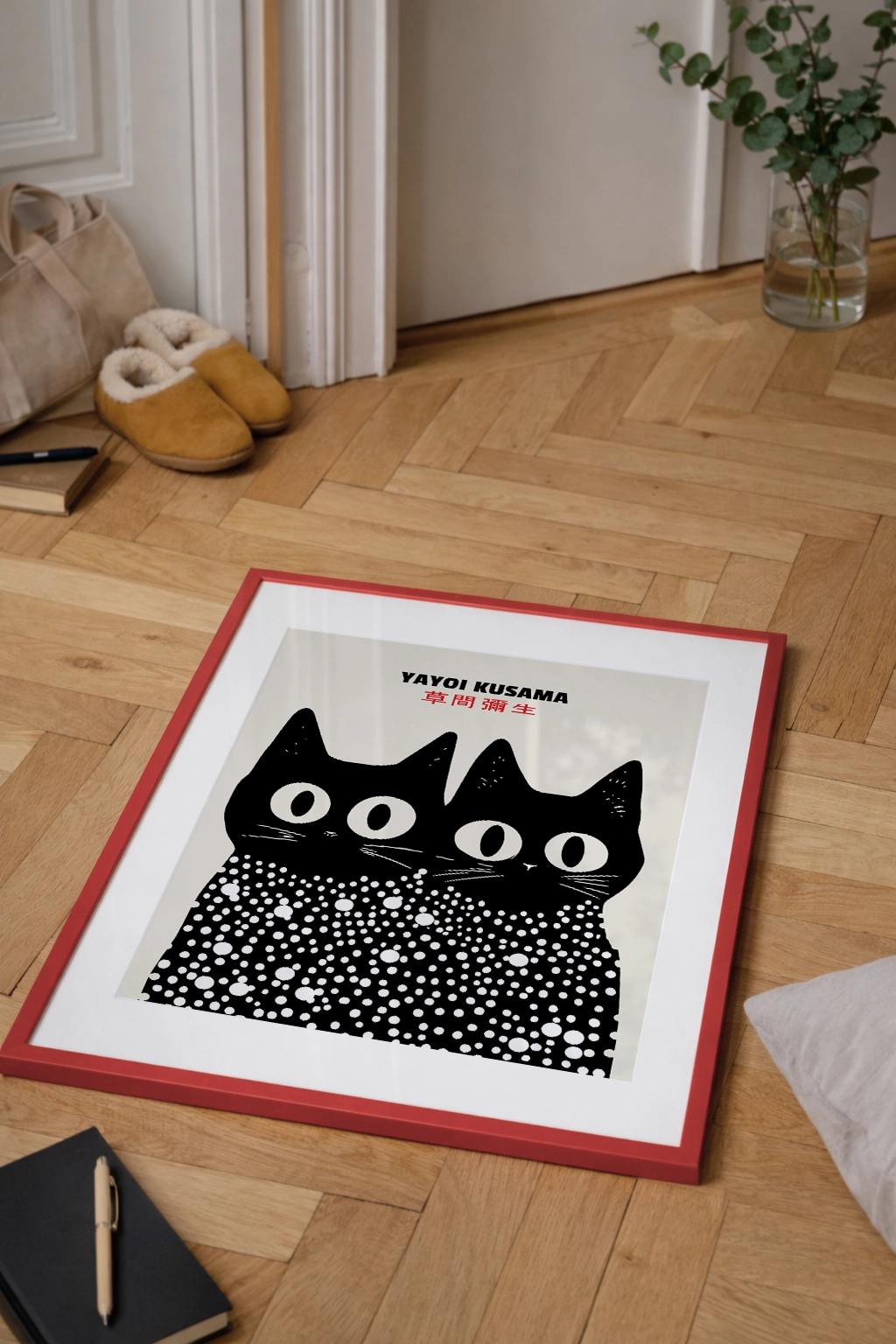 Modern pop art esintili puantiyeli kedi çerçevesiz poster tablo tasarımı