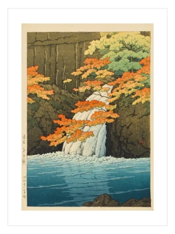 Sonbahar ağaçları ve şelale Japon manzara posteri