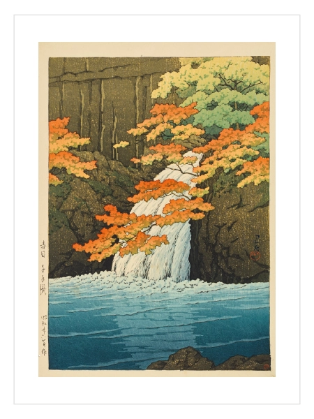 Sonbahar ağaçları ve şelale Japon manzara posteri