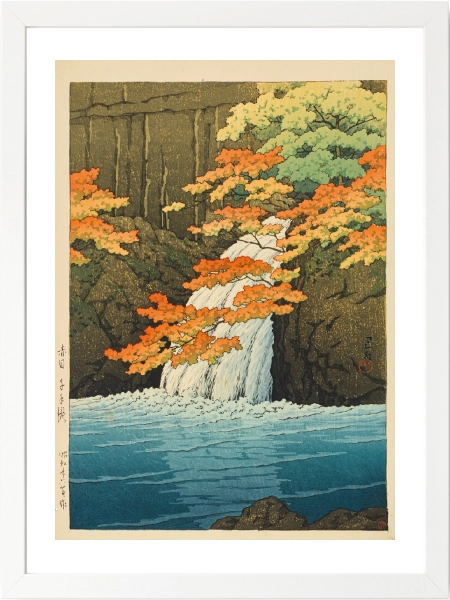 Kawase Hasui stilinde doğa ve şelale sanat posteri