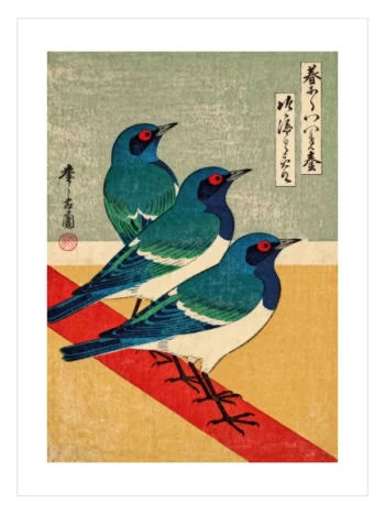 Mavi kuşlar Japon ukiyoe sanat posteri