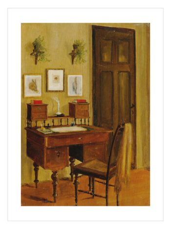 Nostaljik ahşap bir çalışma masası ve hasır sandalyeyi gösteren klasik iç mekan manzara posteri.