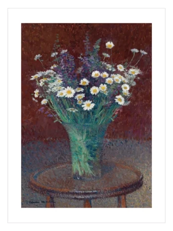 am vazoda papatyalar ve mor çiçeklerin dokulu yüzeyde resmedildiği izlenimci natürmort poster baskısı.