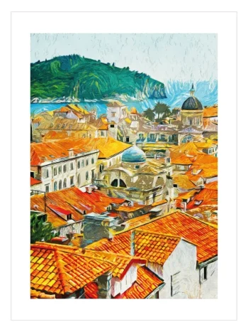Dubrovnik'in turuncu çatılı evlerini ve Adriyatik Denizi'ni gösteren sanatsal şehir posteri.