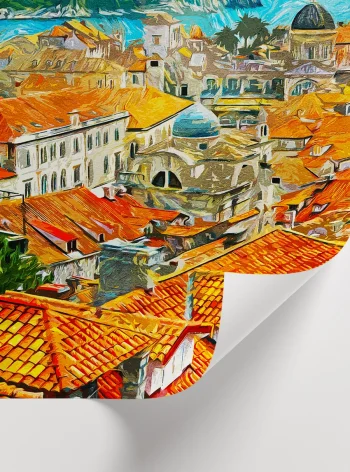 Yüksek kaliteli kağıda basılmış, seyahat temalı dekoratif turuncu çatılı evler posteri.