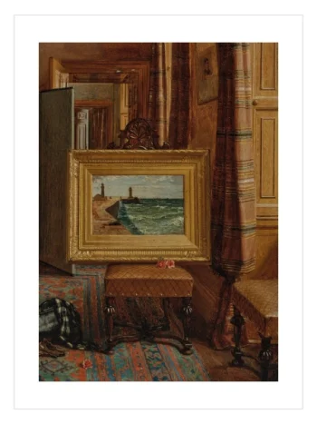 Klasik bir oda içerisinde pufun üzerine yerleştirilmiş altın çerçeveli deniz manzarası tablosunu gösteren sanatsal poster.