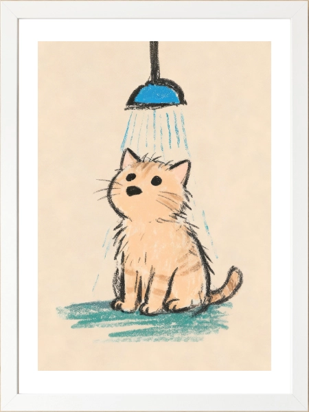 Minimal çizim tarzında duş alan kedi poster