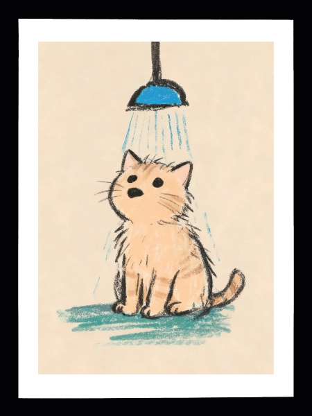 Pastel tonlarda sevimli kedi banyo illüstrasyonu