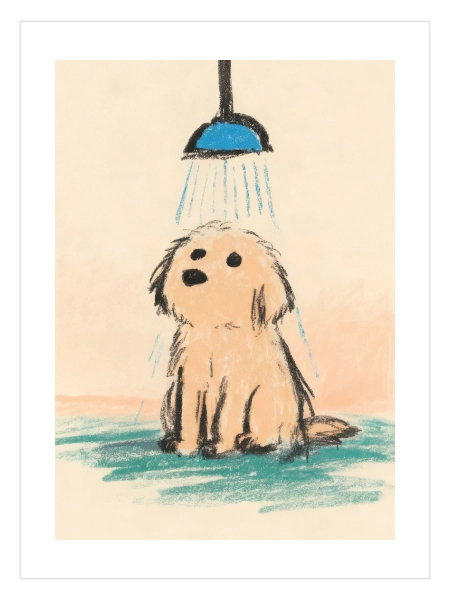 Sevimli köpek duş alırken illüstrasyon poster