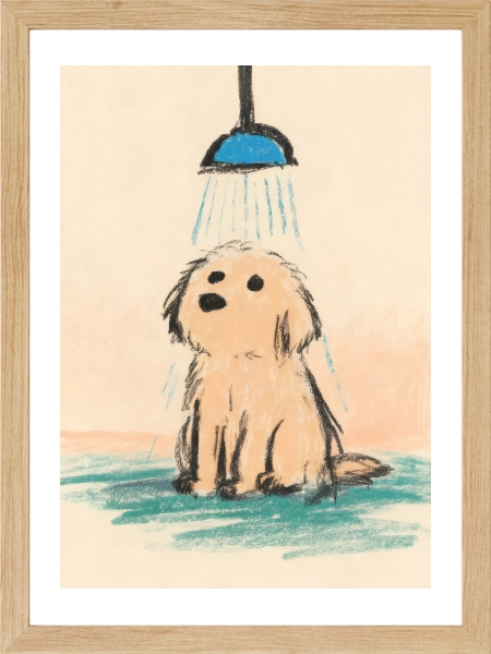 Sevimli köpek duş alırken çizim poster