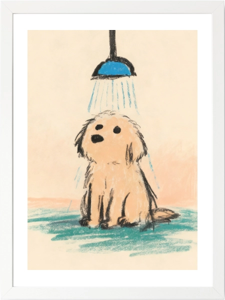 Duş alan köpek karakteri minimal poster