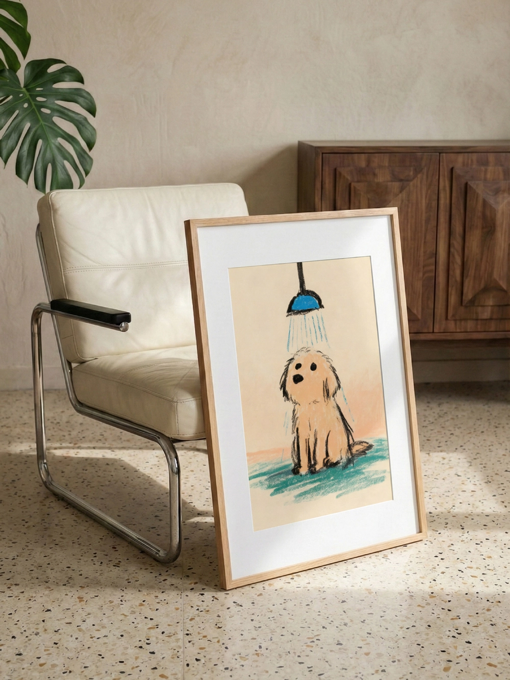 Pastel tonlarda sevimli köpek banyo illüstrasyonu