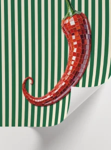 Yeşil çizgili zemin üzerinde kırmızı karides illüstrasyon poster, modern dekoratif duvar tablosu