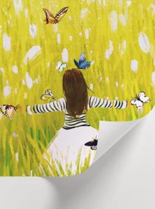 Sarı çiçek tarlasında koşan çocuk illüstrasyonu poster, neşeli modern duvar dekoru