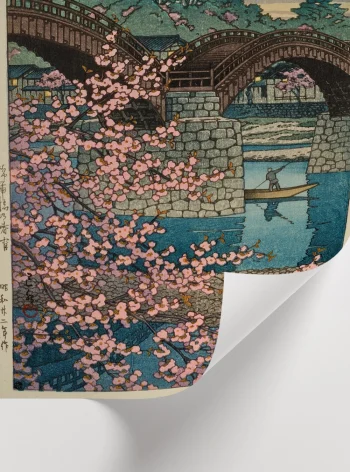 Japon nehir manzarası ve Kintai Köprüsü sanat posteri