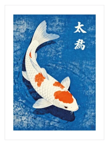 Japon koi balığı sanat posteri mavi arka plan