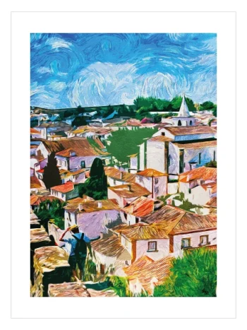 Sarmal gökyüzü altında tarihi taş evleri ve bir gezgini gösteren modern manzara posteri.