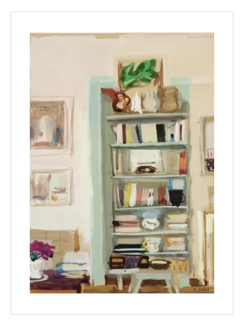 Renkli kitaplar ve vazolarla dolu bir kitaplığı gösteren modern ekspresyonist iç mekan sanat posteri.