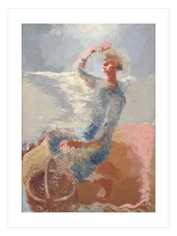 Ekspresyonist fırça darbeleriyle betimlenen, mavi ve gri tonlarında modern bir balıkçı figürü posteri.