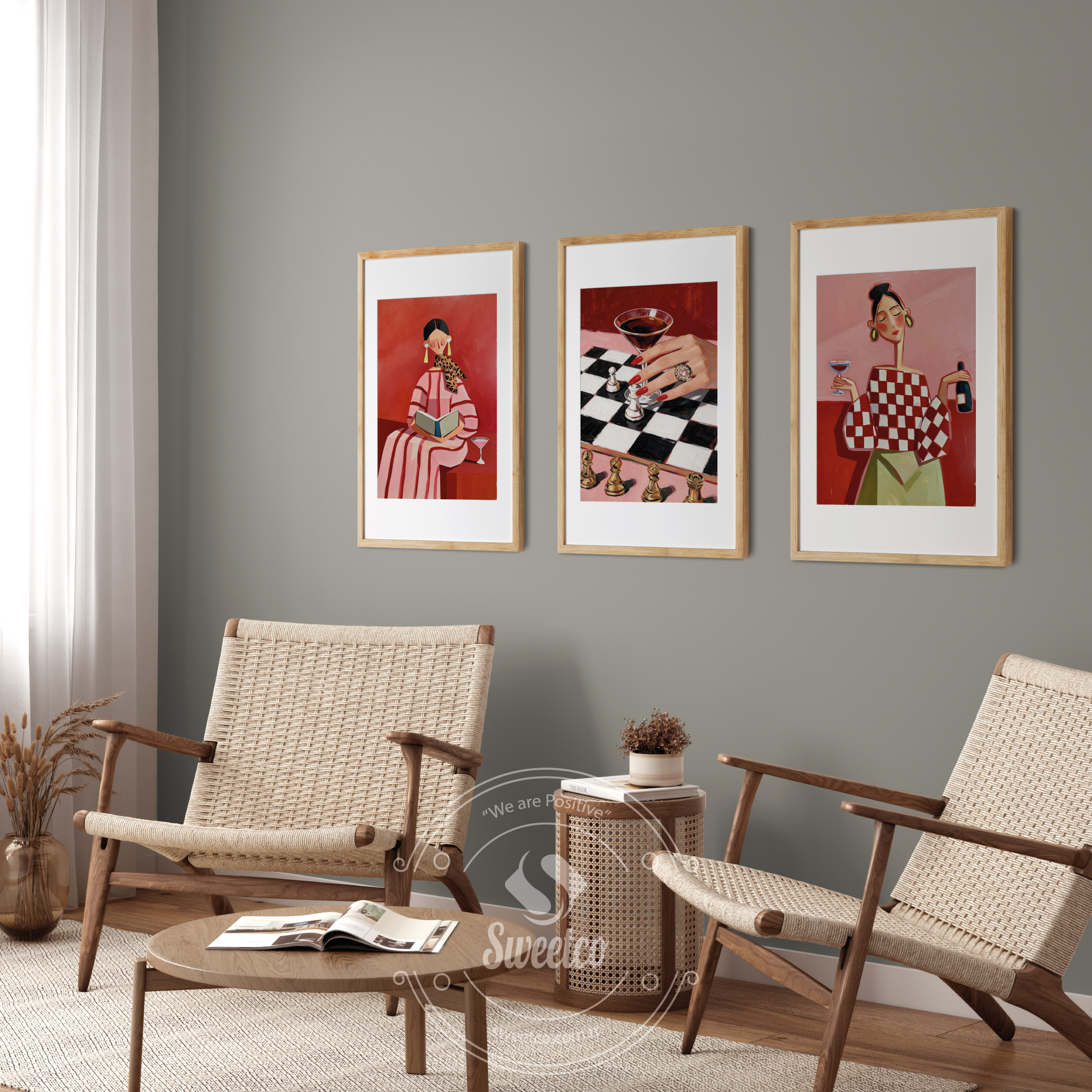 Modern kadın figürlü kırmızı tonlu poster seti duvar dekorasyonu