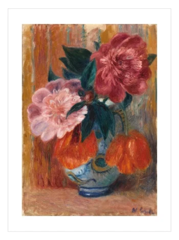 Mavi vazo içinde pembe şakayıkların resmedildiği izlenimci tarzda sanatsal poster baskı.