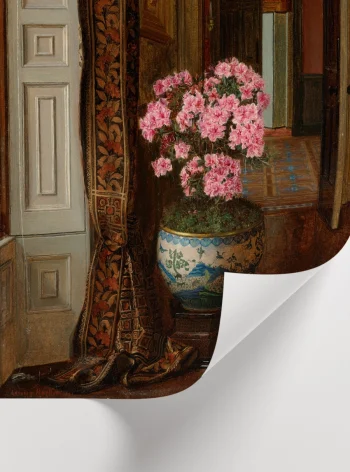 5. Gün ışığının odaya süzüldüğü, pembe çiçekler ve sanatsal mobilya detaylarını içeren dingin tablo dekoru.