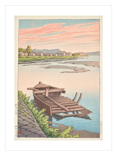 Nehir kıyısında geleneksel Japon teknesi manzara posteri