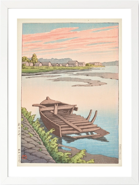 Kawase Hasui stilinde Japon nehir ve tekne sahnesi