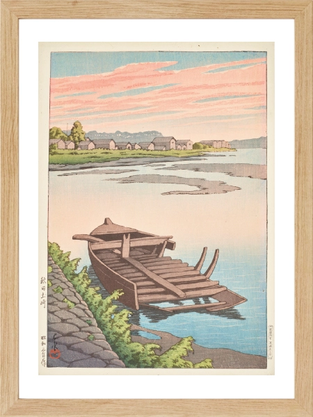 Japon kırsal manzarası ve ahşap tekne sanat posteri