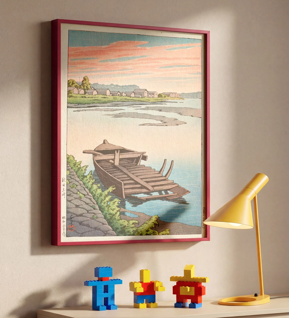 Japon ahşap baskı stilinde nehir manzara posteri