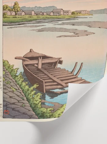 Kırsal Japon köyü ve tekne sahnesi sanat posteri