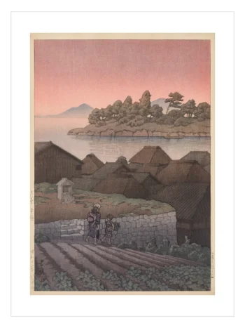 Japon köyü ve nehir manzarası sanat posteri