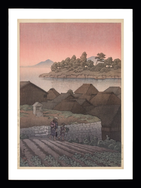 Geleneksel Japon evleri ve nehir manzara posteri