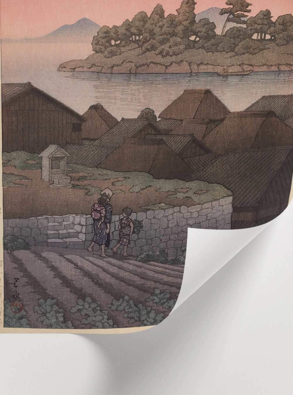 Japon ahşap baskı stilinde köy manzarası posteri