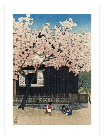 Sakura ağacı altında oynayan çocuklar Japon sanat posteri