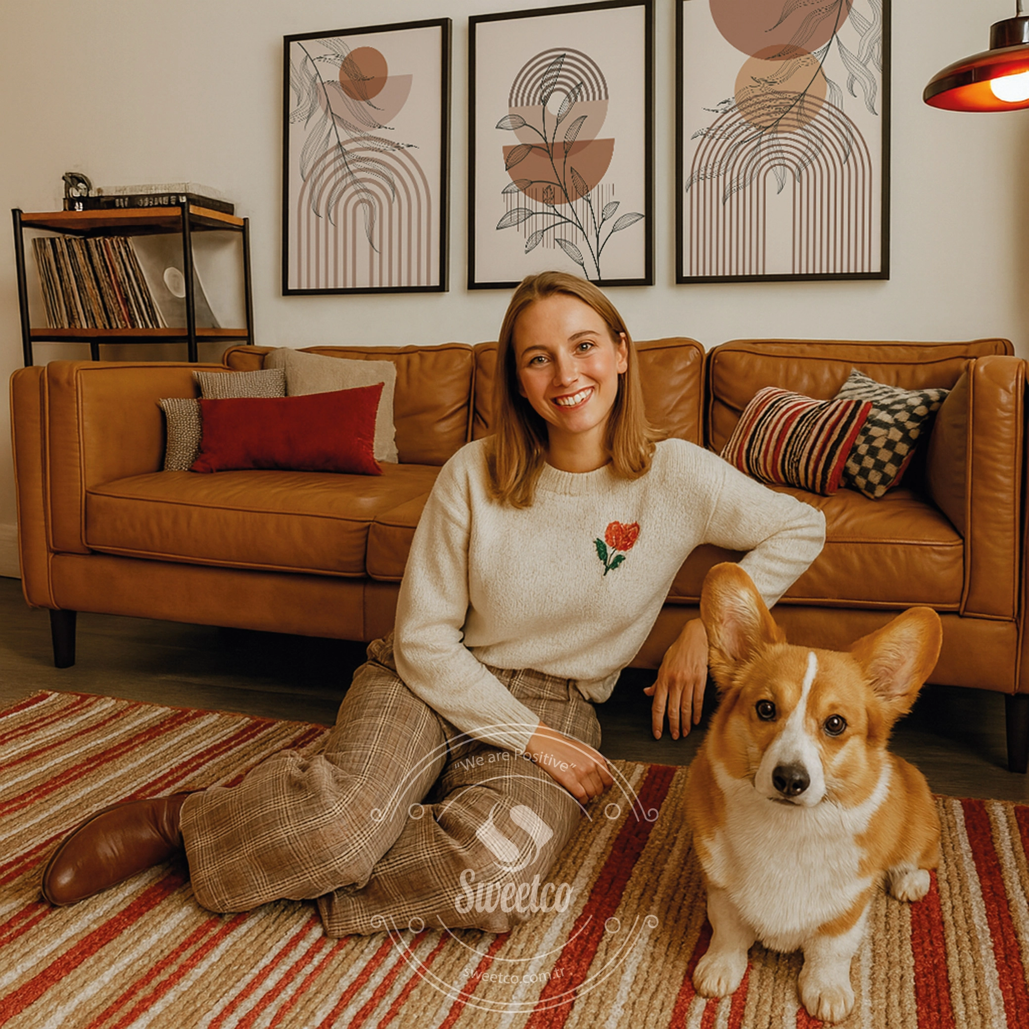 Toprak tonlu geometrik desenli üçlü çerçeveli poster seti