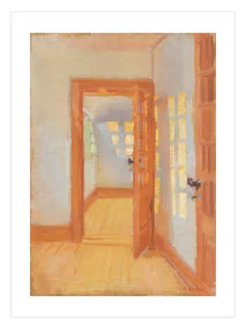 Açık kapılardan ahşap zemine vuran yumuşak gün ışığını gösteren klasik iç mekan manzara posteri.