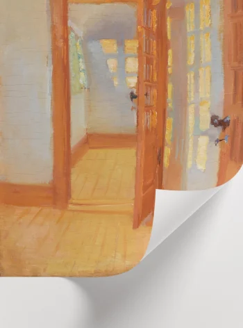 Sweetco özel koleksiyonu, Anna Ancher tarzında güneşli bir oda ve açık kapı temalı sanat baskısı.