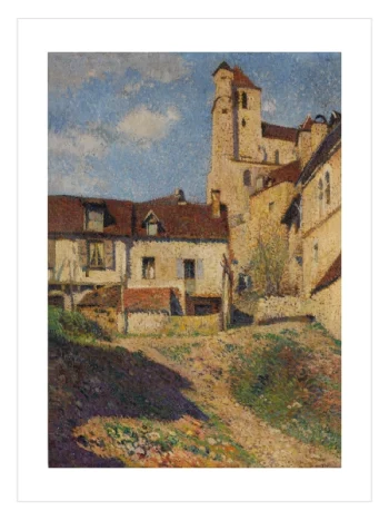 Güneşli bir günde tarihi köy evlerini ve kilise kulesini gösteren izlenimci manzara posteri.