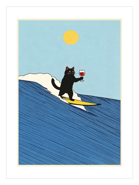 Dalga üzerinde sörf yapan kara kedi minimal illüstrasyon poster