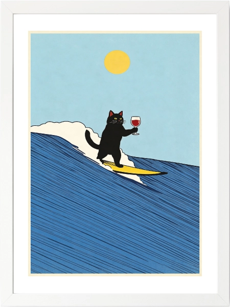 Modern minimal tarzda dalga üzerinde sörf yapan kedi poster