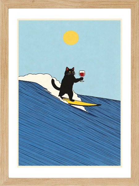 Sörf yapan kara kedi ve güneş minimal poster tasarımı