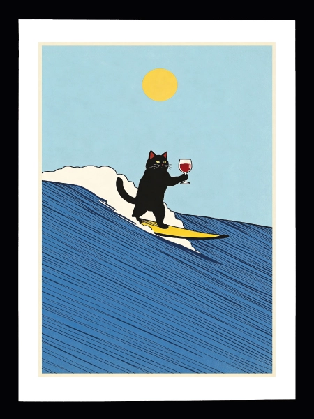 Minimal stil sörf yapan kedi illüstrasyonu duvar posteri