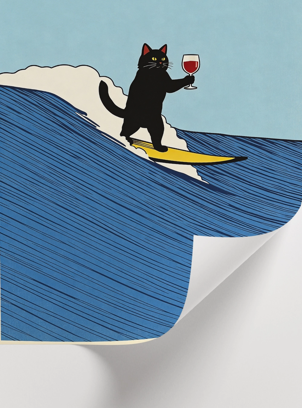 Okyanus dalgasında sörf yapan kara kedi minimal sanat poster