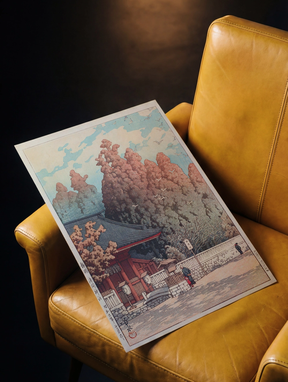 Kawase Hasui stilinde Japon şehir ve tapınak sahnesi